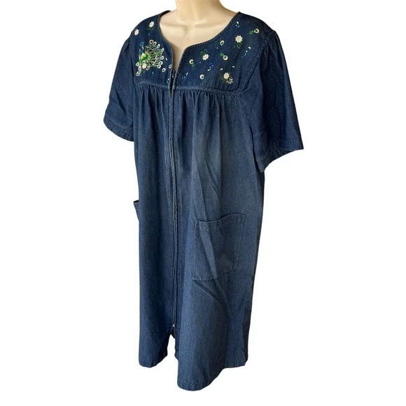 Go Softly Chambray Denim Patio Dress Zip Front Embroidered Pockets Womens XL - Picture 4 of 9